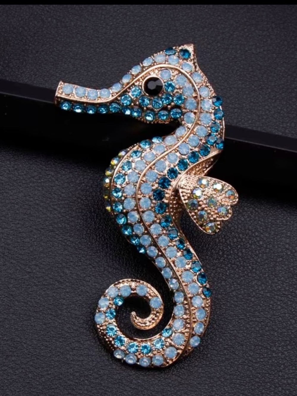 Vibrant Blue Crystal Seahorse Brooch 3”x2”
